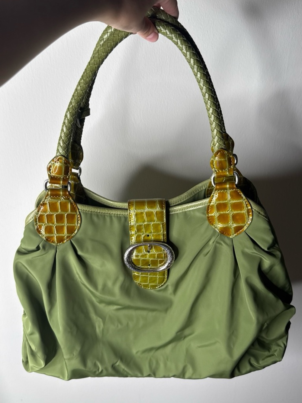 Brighton Olive Green Shoulder Bag with Yellow-Green Croc Accents